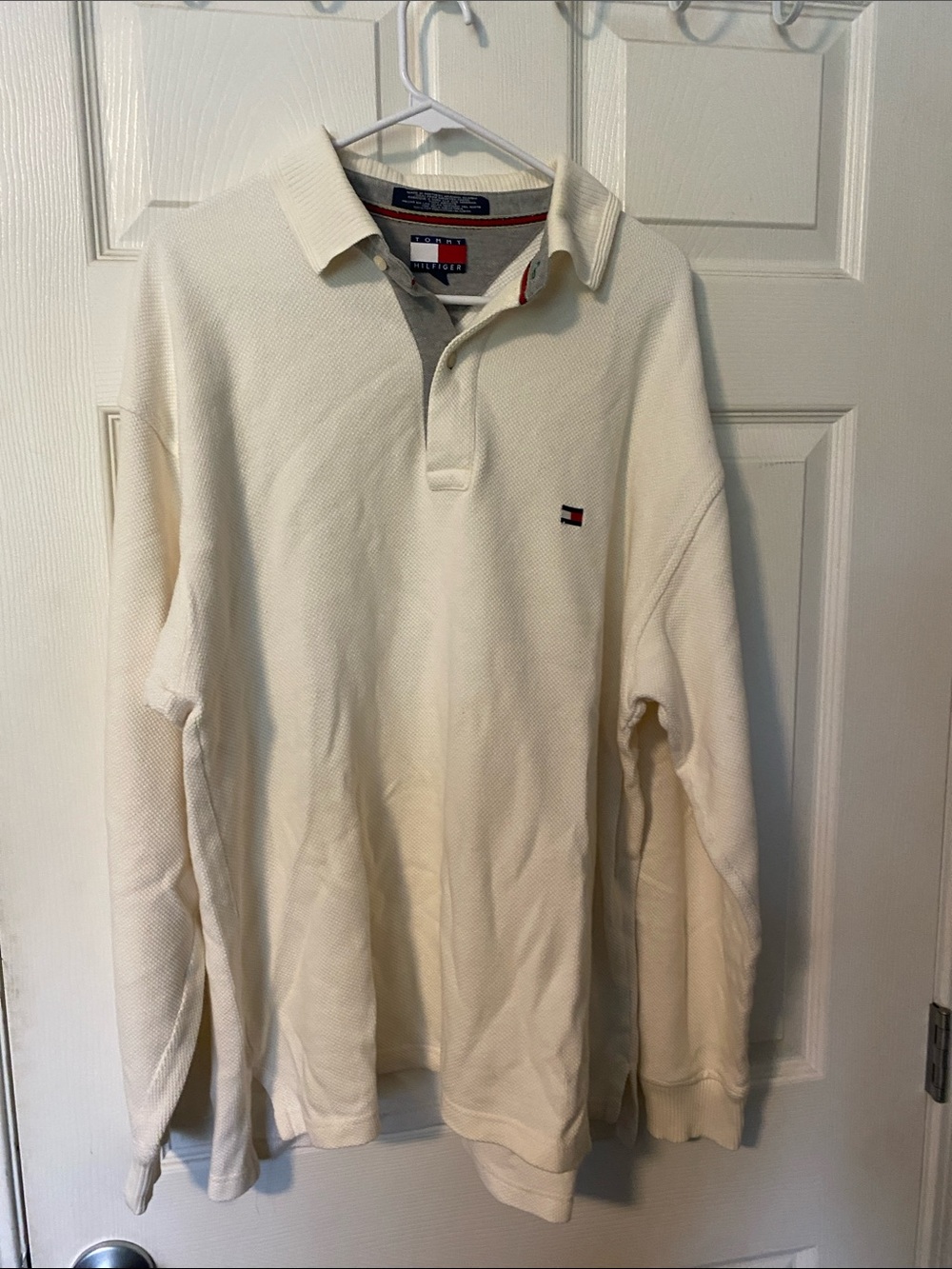 Tommy Hilfiger Men's Cream Long-Sleeve Polo with Flag Logo